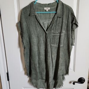Umgee Green Boxy Notched Collar Button Down